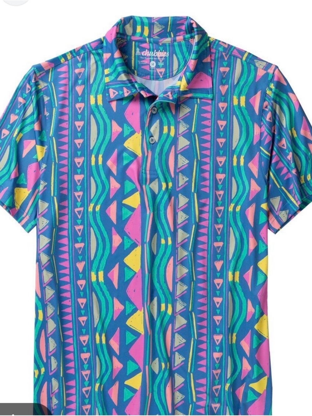 chubbies Blue Geometric Print Polo with Pink & Yellow Accents men’s medium